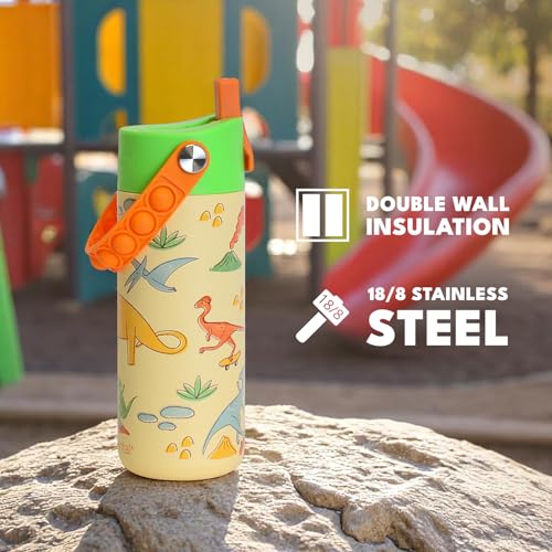 Elemental Core 2Pack Insulated Kids Water Bottle Straw Lid & Pop-It Handle 18 Ounces Dinos & Green Camo