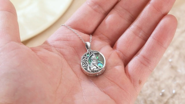 POPLYKE Sterling Silver Wolf Necklace Gifts for Women Celtic Knot Wolf Moon Pendant Necklace Jewelry for Men 18+2'' Wolf Urn (Abalone)
