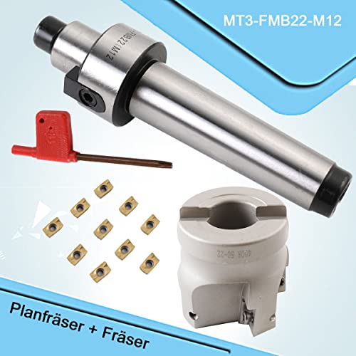 400R-50-22 Face Milling Cutter MT3-FMB22-M12 10 Carbide Inserts | MT3 Shank 50 mm 4 Cutting Edge Face Milling Cutter with T15 Wrench for CNC Milling Machines Tool Holder