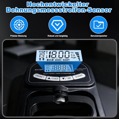 Digital Grip Strength Gauge, 396 lbs / 180 kg Hand Dynamometer, Black Hand Strength Gauge, Grip Strength Trainer with LCD Display, Grip Strength Trainer with USB Charging Cable and 19 Recording Groups