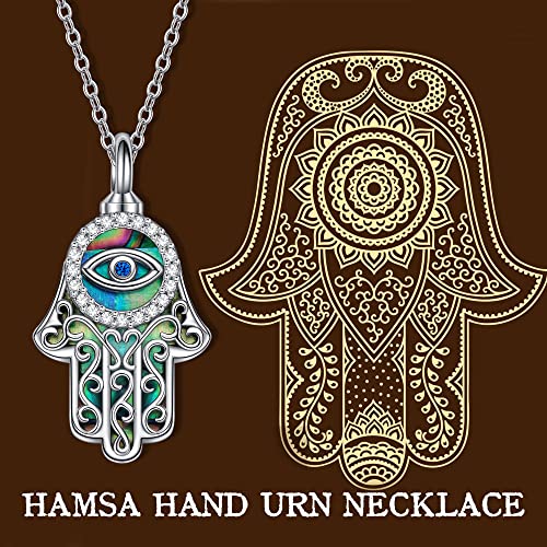 URONE Hamsa Hand Urn Necklace for Ashes 925 Sterling Silver Cremation Necklace Memory Jewelry Gift for Women Girls Abalone Shell Urn