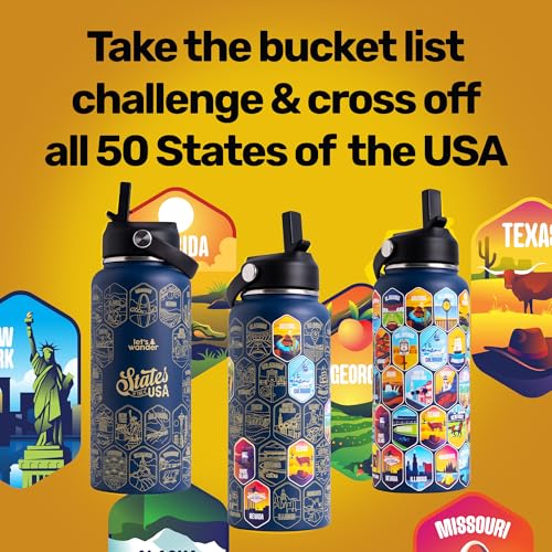 LET'S WANDER Lets Wander 50 States Water Bottle with Waterproof Stickers - 32oz Leakproof Insulated Stainless Steel with Straw - States of the USA Gift Bottle (Blue) Blue Standard