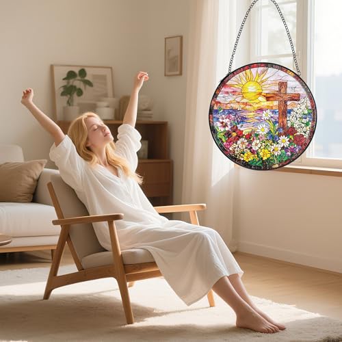 Christian Cross Sunset Ocean Stained Glass Suncatcher, 8 Inch Cross Ocean Sunset