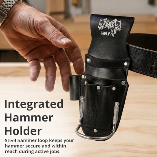 WOLF Industrial Products XP WWTH6086X genuine leather tool pouch with plier, hammer holder, and belt clip