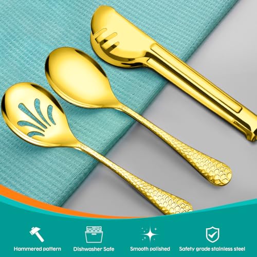 Teivio Hammered Stainless Steel Metal Serving Utensils Set of 9, 10" Serving Spoons, 10" Slotted Spoons, 9" Serving Tongs, Large Hostess Serving Set for Parties Chafing Dish Buffet Catering (Gold) Gold-9pcs-Hammered
