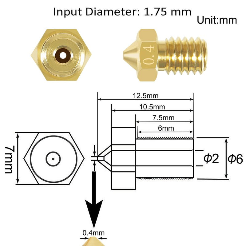 Aokin 16 Pcs Extruder Nozzles 3D Printer Brass Nozzles for E3D V5 V6 0.2mm 0.3mm 0.4mm 0.5mm 0.6mm 0.8mm 1.0mm for 1.75mm Filament 3D Printer 16Pcs mix nozzles