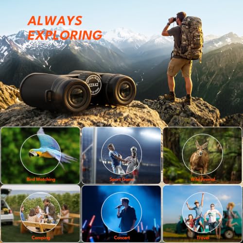 12x42 HD Binoculars for Adults & Kids High Powered Compact Binoculars with Low Light Night Vision for Bird Watching, Hunting, Cruise Travel, Camping, Hiking and Outdoor Sports, Gifts for Men