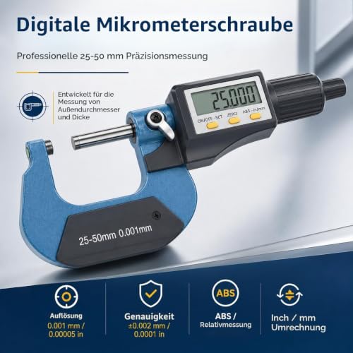 Digital Outside Micrometer, 25-50 mm/1-2 Inch LCD Micrometer, Electronic Digital Micrometer Caliper, Thickness Gauge, Length Measuring Tool 0.001 mm (0.00005 Inches)