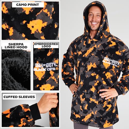 Call of Duty Blanket Hoodie for Men, Teens, Camo Wearable Blanket, Fleece Hooded Poncho, Cozy Loungewear, Gamer Gifts for Men Orange/Grey Camo One Size