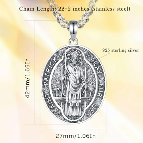 INFUSEU St Patrick Necklace Saint Patricks Day Jewelry Irish Gifts Clover Pendant Medal for Men Women 925 Sterling Silver Religious Catholic Christian Medallions Oval