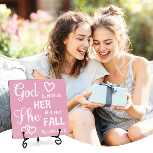 Christian Gifts Inspirational Bible Verse Pink Desk Decor Inspirational Religious Gifts Christian Spiritual Room Decor for Family Friends Funny Bible Verse Wooden Sign for Home Office Decoration Shelf