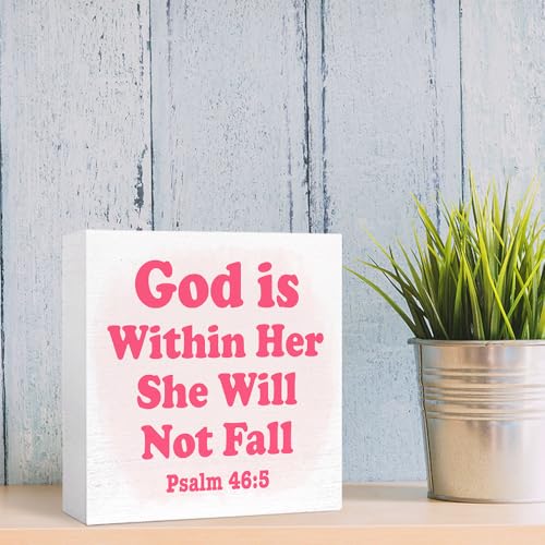 Psalm 46:5 Bible Verse Desk Decor God Is Within Her She Will Not Fall Wooden Box Sign for Pray Room,Christian Scripture,Religious Gift for Women 5x5 Inch