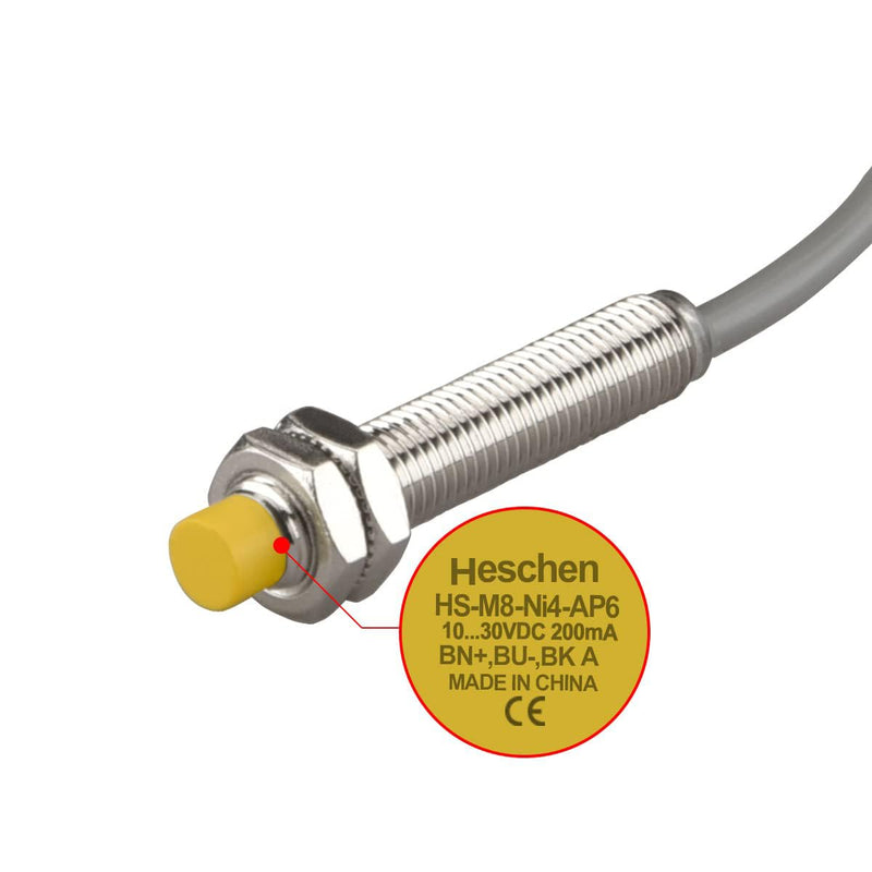 [Australia - AusPower] - Heschen 4mm Inductive Proximity Sensor Switch, HS-M8-Ni4-AP6, Non-Built-in, Cylindrical Type, DC10-30V 200mA, PNP NO (Normally Open), 3 Wire, CE 