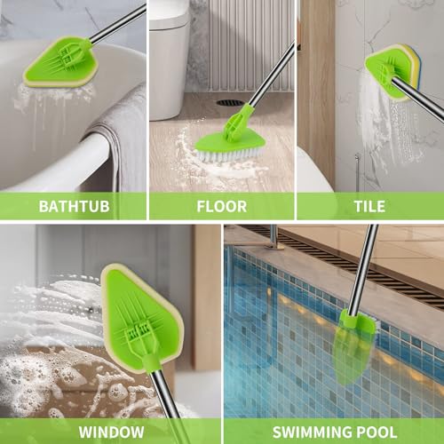 Bathroom-Cleaning-Scrubbing Long-Handled Scrubbing Brush with Squeegee - Extendable Tub and Tile Cleaner, 2 in 1 Floor and Shower Brush for Bathroom and Kitchen