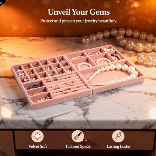 8 Pcs Jewelry Drawer Organizers, Velvet Jewelry Trays for Drawer, Stackable Jewelry Trays, Ideal for Rings, Earrings, Bracelets, Necklaces, Pink