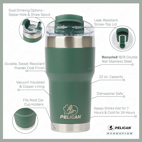 Pelican Hydration Pelican Traveler™ 22 oz Vacuum Insulated Tumbler - Stainless Steel Double Wall Travel with Dual Lid, Powder Coated Insulated Coffee Mug For Hot Cold Drinks, Midnight