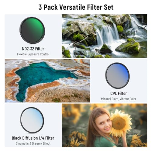 NEEWER 77mm Variable ND (2-32) + CPL + 1/4 Black Diffusion Filter for Mist Cinematic Effect (3 Pack), Camera Lens Filter Photography Accessories with AR/AF Coatings, Case & Cleaning Cloth