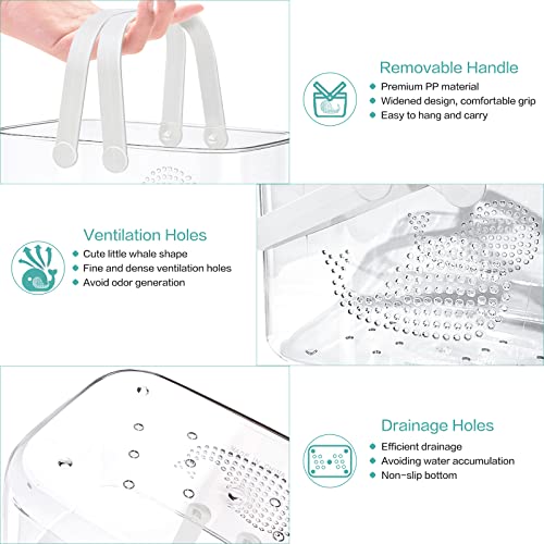 Two FODIENS plastic shower caddy baskets in white and cyan, ideal for bathroom storage and organization.