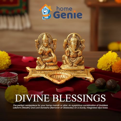 HOME GENIE Lakshmi Ganesh Diya for Pooja Room, Home Temple, Festive Decoration & Spiritual Gifting | Metal Oil Lamp with Deity Figures | Intricately Carved | Golden Finish