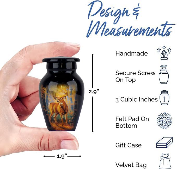 Deer Design Cremation Urn for Adults - Handcrafted Mini Funeral Urn with 3 Cubic/Inches Capacity, Keepsake Urn Box, Elegant Memorial Ash Storage for Loved Ones (Keepsake)