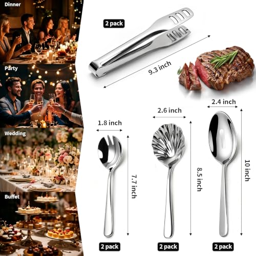8-Piece Silver Serving Utensils Set, 304 Stainless Steel Large Serving Spoons, Salad Forks, Shell Spoons & Food Tongs, Mirror Polished Catering Serving Supplies for Buffet/Parties/Weddings