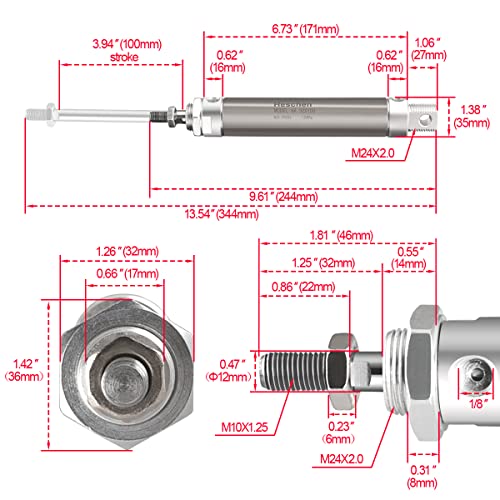 Heschen Stainless Steel Mini Pneumatic Air Cylinder, MA 32×100, Bore 32mm, Stroke 100mm, Single Rod Double Acting