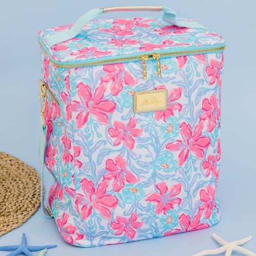 Lilly Pulitzer insulated wine carrier in Beachside Haven print, thermocooler with handle for keeping wine chilled on the go