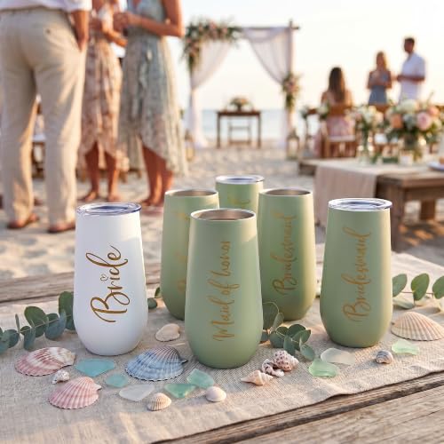 ELEGANTPARK Bridesmaid Proposal Gifts, Sage MOH Champagne Flutes Set of 5 Sage Set-Bride+Maid+Bridesmaid x 3