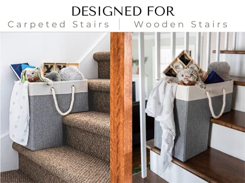 Stair Basket 16" x 16" x 10" Basket for Stairs with 3 Foldable Sections, Durable Cotton Collapsible Storage Bins, Stair Storage Organizer White