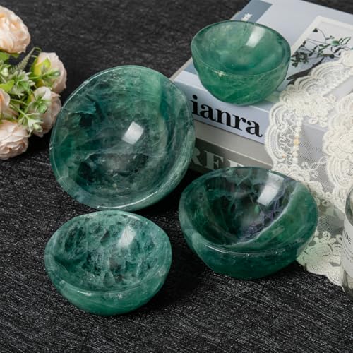Large Green Fluorite Crystal Bowl Hand-Carved Round Fluorite Crystals Gemstone Bowl Reiki Healing Home Decoration Gift 4-4.5" Large