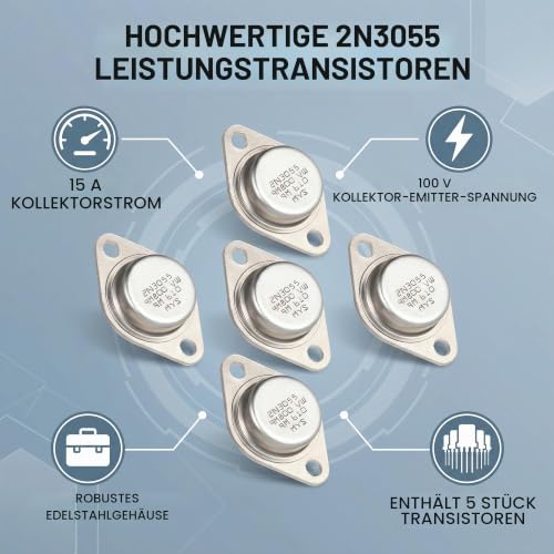 5pcs Power Transistor TO-3 15A 60V / 100V 2N3055 NPN Power Transistor, Stainless Steel