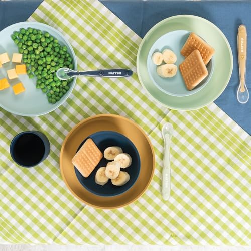 Nattou Silicone Tableware for Children, 4 Pieces, Plate + Bowl, Non-Slip, BPA-Free, Silicone, Green/Sand Pack of 1