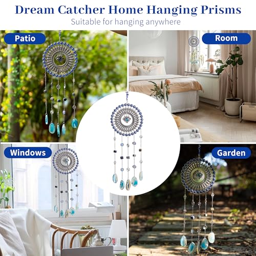 Evil Eye Dream Catcher, Handmade Blue Agate Stone Catcher with Crystals Evil Eye