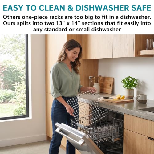 SOVYEN detachable kitchen sink rack in stainless steel, 26x14 inches, fits at the bottom of the sink for organization and drainage.