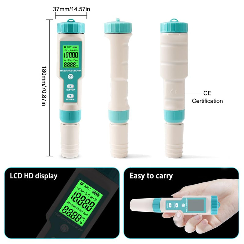 pH Meter for Water 7 in 1 PH/TDS/EC/Salt/S.G/ORP/Temp Meter,pH Tester Digital Backlit Waterproof LCD,TDS Meter EC Meter PPM Meter Suitable for Pools, Drinking Water, Aquariums, Hydroponic Cooking. 7-1