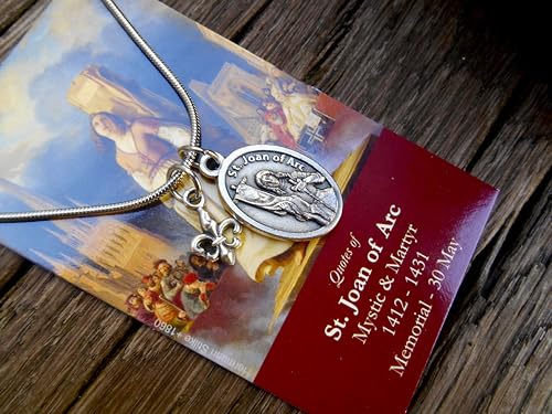Saint Joan of Arc Necklace, 18" Stainless Steel Snake Chain, Fleur de Lis Charm, Patron Saint of France, Confirmation Gift