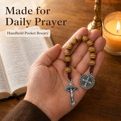 8 Inch Wooden Pocket Rosary for Men, Rosario with Saint Benedict Medal Black