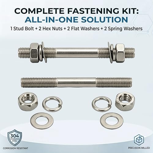 TEN-HIGH M10 x 150mm 304 stainless steel double-end threaded stud bolt kit with nuts and washers, 4-piece set