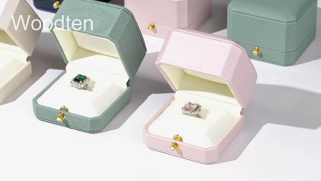 Beige PU Leather Double Dual Ring Box Octagonal Wedding Ring Box White Double Ring Box