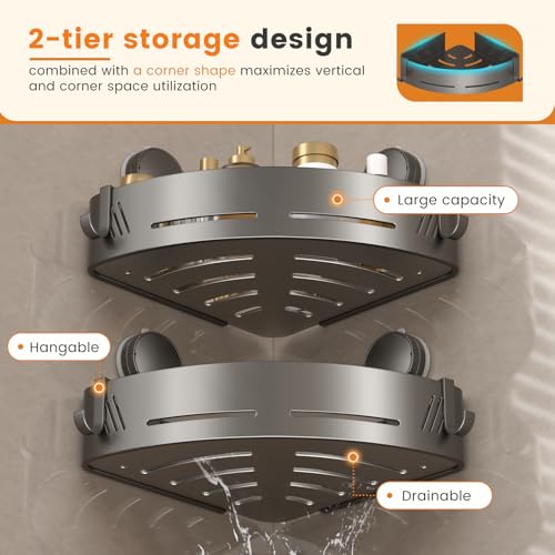 Grey triangular corner shower caddies with suction cups and hooks by PHX Grove, ideal for organizing bathroom essentials.