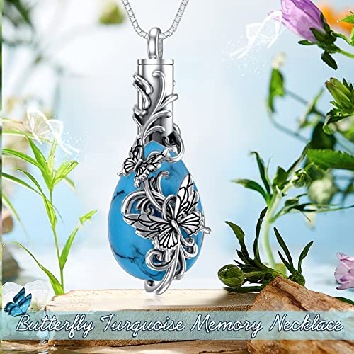 Butterfly Urn Necklace for Ashes for Women 925 Sterling Silver Oxidation Turquoise Teardrop Cremation Jewellry Memorial with Funnel Filler