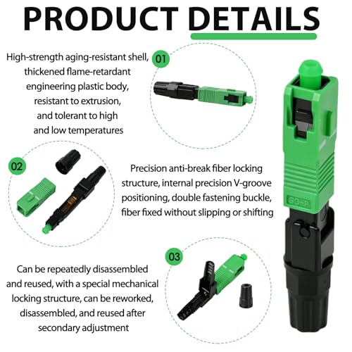 SC/APC Quick Connector for Single Mode Fibre Optic Quick Fibre IEC Connection, Singlemode Embedded Fibreglass Cold-Fibre Connector, SC/APC for Connection with Glass Fibres, Pack of 10