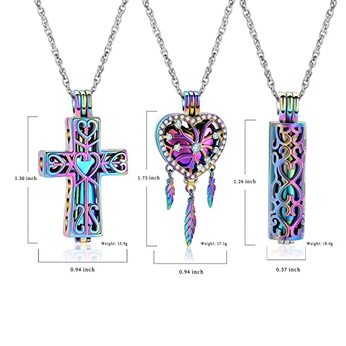 shajwo 3 Pack Cremation Urn Necklace for Ashes for Women Men Heart Lotus Cross Cylinder Cremation Jewelry for Ashes Loved One Memorial Keepsake Pendant Heart-Rainbow 2