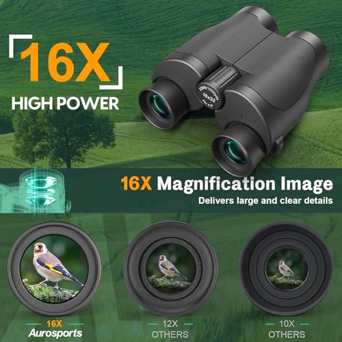 Aurosports 16x32 Binoculars for Adults and Kids - 16x High Power Binoculars for Detail Observation - Low Light Vision Easy Focus Compact Binocular for Bird Watching Hunting Travel Gifts for Men 16x32-Compact
