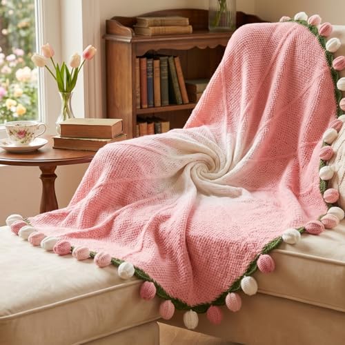 Rose Crochet Flower Bouquet, 43 Inch Handmade Pink Throw Blanket Decor, Romantic Bed Throw with Cute Rose Design, Floral Blanket for Valentine, Wedding Anniversary, Birthday, Mother's Day