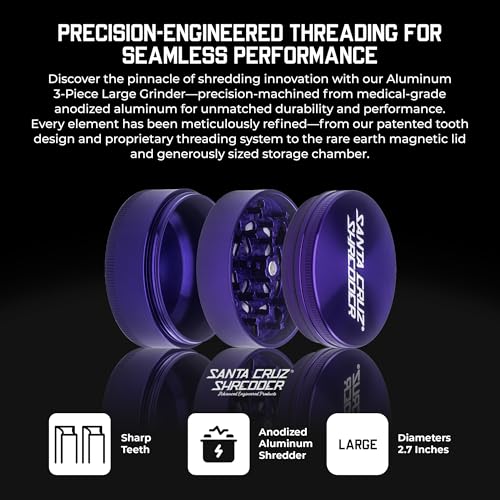 Santa Cruz Shredder Metal Herb Grinder Knurled Top for Stronger Grip 3-Piece Large 2.7" (Purple) Purple