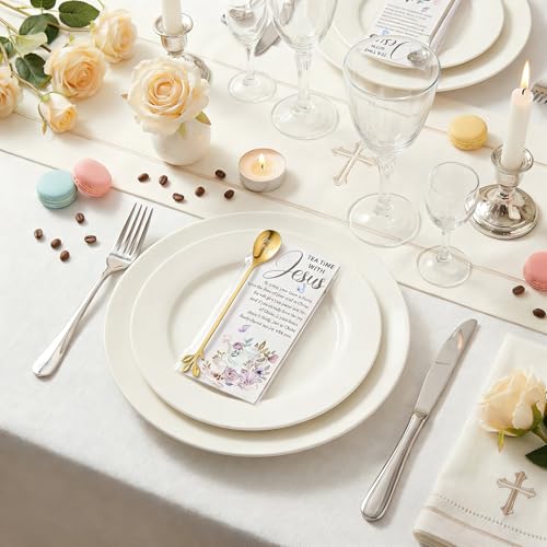 50 Sets Christian Tea Party Favors Stainless Steel Leaf Tea Spoons with Prayer Cards Clear Bags, Religious Gifts for Women Ministry Mothers Day Easter Church Christmas Birthday Family Reunion Gifts Gold 50 Jesus and Tea