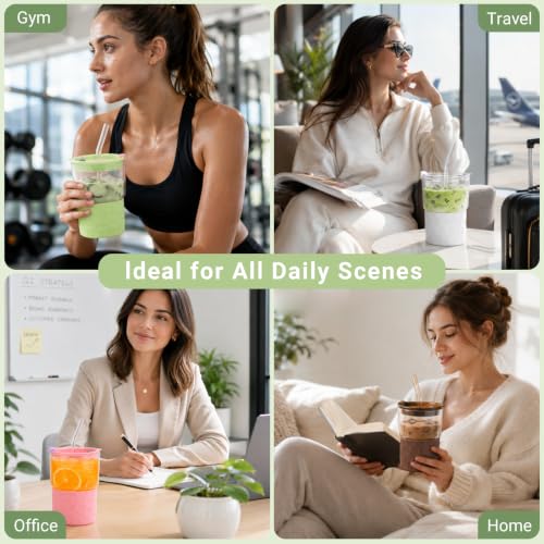 16oz Coffee Tumbler, Reusable Borosilicate Glass Cups with Lids and Straws 4 Packs-2White,2Coffee