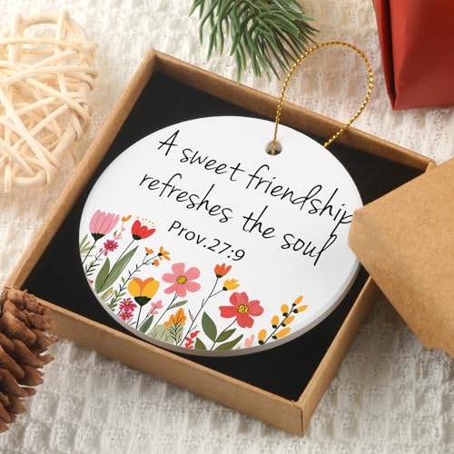 Friendships Gifts Ornament Round Ceramic Ornament Christian Friendship Gifts for Women Best Friend Religious Inspirational Bible Verse Proverbs Friend Christmas Ornament A Sweet Friendship