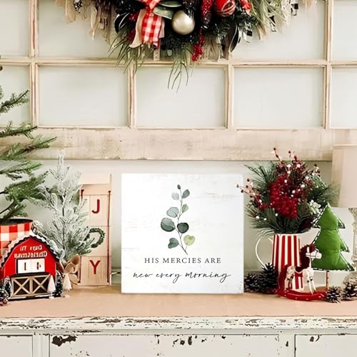Mtrgdn His Mercies are New Every Morning Decor Sign,Christian Eucalyptus Desk Decor Sign,Bible Verses Wood Box Sign for Home Office Desk Shelf Wall Decor,5x5 Inch